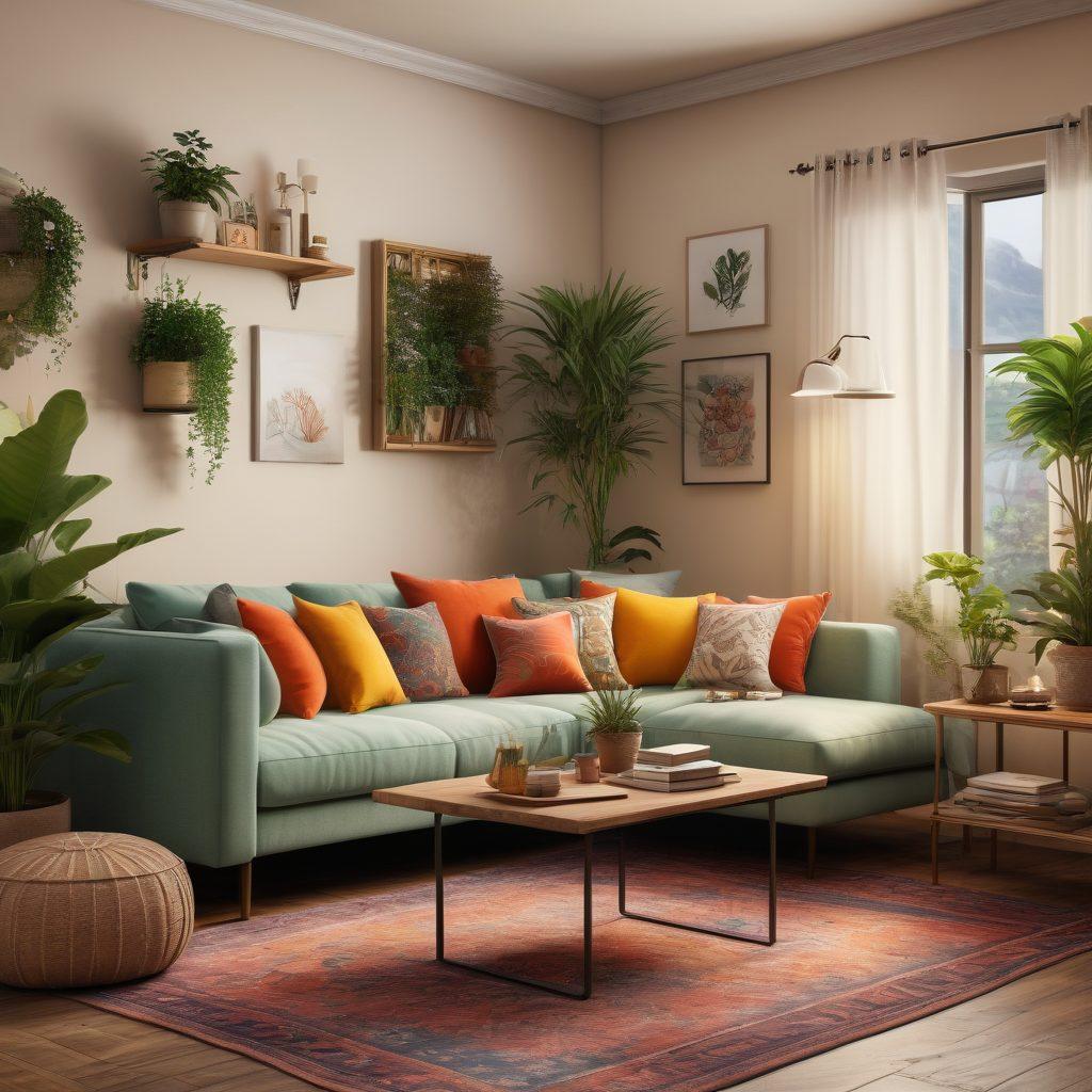 A beautifully decorated living room showcasing a stylish couple interacting with thoughtful decor elements, such as coordinated cushions, plants, and wall art. Include a cozy reading corner with a couple sharing a book, warm lighting that adds a romantic ambiance, and soft textures for a welcoming feel. Emphasize harmony and connection through decor. vibrant colors. super-realistic.