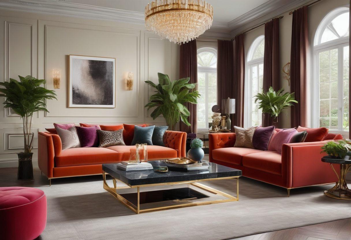 A sophisticated living room featuring a blend of high-fashion decor and functional furniture, showcasing a plush velvet sofa, elegant accessories, and a stylish coffee table. Include elements like intricate lighting fixtures and lush indoor plants to convey luxury. The color palette should be rich and inviting, emphasizing textures and layers. super-realistic. vibrant colors. elegant ambiance.