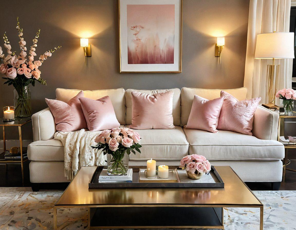 A stylish and intimate living room setting, showcasing a plush sofa adorned with luxurious throw pillows and warm lighting. Include accents like candles, fresh flowers, and chic decor that create a romantic atmosphere. Add subtle hints of couples enjoying the space to highlight relationship bliss. Incorporate a color palette of soft pinks, golds, and creams for a sensual vibe. elegant illustration. soft pastel colors. ambient lighting.